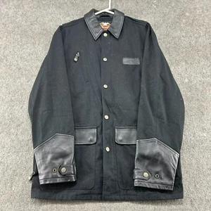 VINTAGE Harley Davidson Jacket Mens M Black Chore Barn Coat Leather Canvas Y2K - Picture 1 of 11