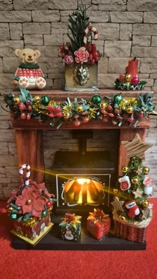 Dolls House Rustic Fireplace with Christmas Decorations and Working Fire OOAK UK - Image 1 of 4