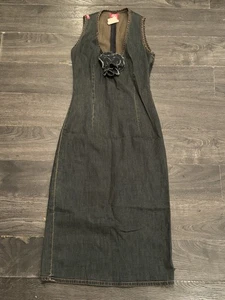 Robe vintage rare Y2K Miss Sixty bleu foncé denim col V ajusté décor fleurs taille S - Photo 1/15
