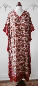 Vintage 1980's Burgundy, Green & White Floral Print Kaftan Dress 1Sz to 42" Bust - Picture 1 of 7