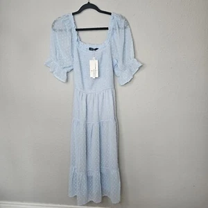 NWT Light Blue Dress Womens Size L Puff Sleeve Tie Back Flowy Prairie Feminine - Picture 1 of 14