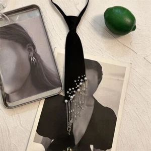 Men Women Pearl Tassel Chain Tie Glitter Rhinestone Necktie Fashion Decor Black - Picture 1 of 6