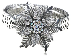 Aurora Borealis Swirl Metal Crystal Rhinestone Flower Leaf Bracelet Bangle Cuff - Picture 1 of 4