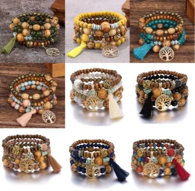 Богемский деревянный браслет с бисером с деревом жизни подвеска многослойный 4шт - Изображение 1 из 2