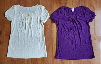 2 xhiliration 女孩 XL 短 Slv 皱针织上衣花边装饰和蝴蝶结紫色和象牙白 — 第 1/4 张图片