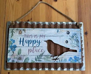 This Is My Happy Place rustic metal + wood mountain Cabin porch sign bird 15” - Picture 1 of 2