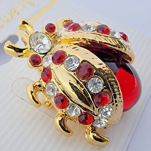 Vintage Ladybug Brooch Pin Red Jelly Rhinestone Gold Fashion Jewelry 1-1/8in NEW - Picture 1 of 5