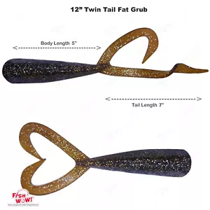 Root Beer 12" (with tail extended) Twin Tail Perch Grub 9" Fat Thick Scampi lot - Picture 1 of 14