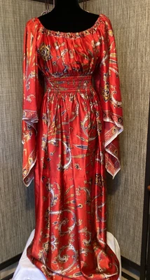 VTG 70’s David Eden Angel Wing Sleeves Satin Scarf Maxi Dress S but Long - Image 1 of 4