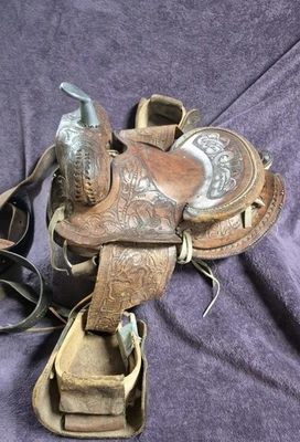 Vintage Children's Tooled Leather Horse Saddle, 11" Seat, Western Farm Decor  - Image 1 of 4