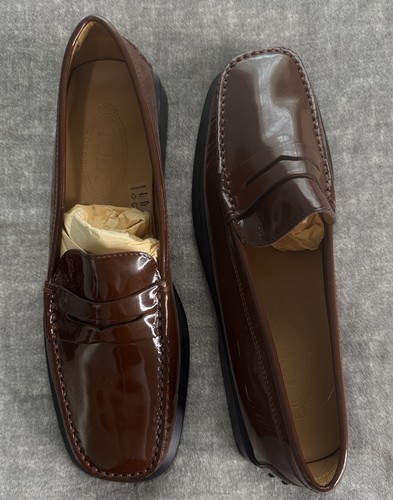 TOD’S TODS Penny Mocassini Donna 11 Marrone Pelle Verniciata Scarpe da Guida Slip On