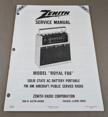 Zenith Model "Royal F86" Service Manual D-3614 - Image 1 of 3