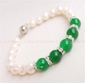 Charmant  7-8mm  Weiß  Natürliche  Perle  10mm  Grün  Jade  Armband 7.5'' 