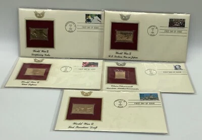 Qty 5 22kt Gold Stamp World War II US Declares War 1st Day Cover Proof 1990-92 - Image 1 of 4