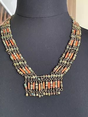 Rare Antique Yemeni Silver Necklace - Long Coral Beads & Smaller Turquoise Disks • 403.38$