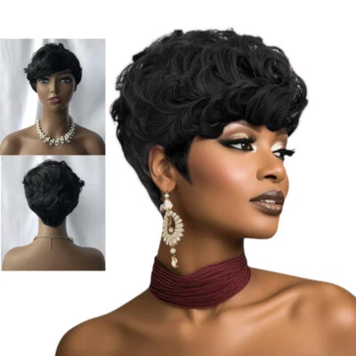 Pelucas de pelo bob de encaje sintético para mujer cortas negras rizadas Pixie pelucas onduladas naturales EE. UU. Foto 1 de 4