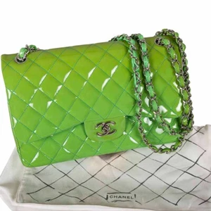 Chanel Green And Dark Green Quilted Patent Leather Jumbo Classic Double Flap Bag - Picture 1 of 13