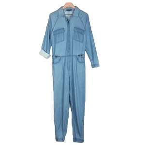 PRANA Organic Cotton Denim Jumpsuit Sz S Long Sleeve Utility Collar Button Up - Picture 1 of 18