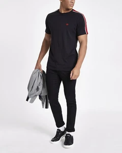 River Island Black Slim Fit Tape Wasp Embroidery T-Shirt - Picture 1 of 5