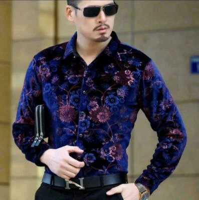 Luxury highquality Velvet Cotton Blend Floral Print Mens Casual Dress Shirts DW - Image 1 of 4