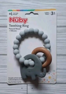 Nuby Teething Ring Natural Wood And Silicone Elephant - Picture 1 of 5