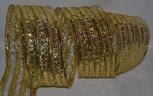 Wired Ribbon~Christmas Gold~Iridescent Sequin Stripe~2.5"~Holiday~Wreath~Bow - Picture 1 of 2