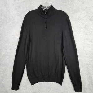 Reiss Mens Merino Wool Sweater L Black Mock Neck Luxury Pullover Jumper Qtr Zip - Picture 1 of 20