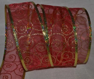 Cinta con cable ~ Transparente ~ Rojo de vacaciones ~ Remolino brillante dorado ~ 2" ~ Navidad ~ Corona ~ Regalo ~ Arco Foto 1 de 2