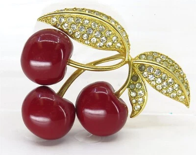 Broche prendedor Joan Rivers rojo acrílico cerezas oro y cristal vintage Foto 1 de 4
