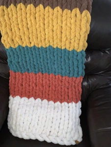 Chunky Knit Throw Fall Color Block Blanket 48" x 50" Hand Made Chenille - Picture 1 of 5