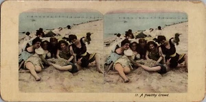 Victorian Beach Goers Bury Man in Sand Coney Island Stereoview Card LITHO - Picture 1 of 3