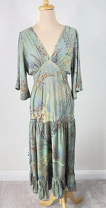 Vintage Moss Green Floral Whimsical Bell Sleeve Maxi Dress S - Picture 1 of 5