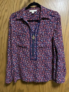 MICHAEL KORS 1/2 ZIP VNECK FLOWER PATTERN BLOUSE ROLL TAB SLEEVES - SZ M - EUC - Picture 1 of 7