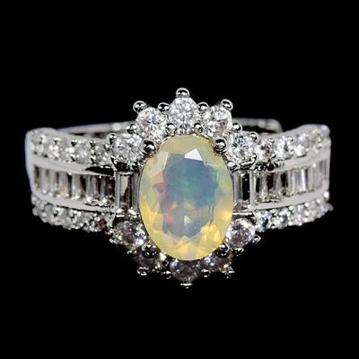 ANILLO DE PLATA 925 NATURAL AAA ARCO IRIS ÓPALO OVALADO Y CIRCONITA BLANCA TALLA 7-7,25 Foto 1 de 4