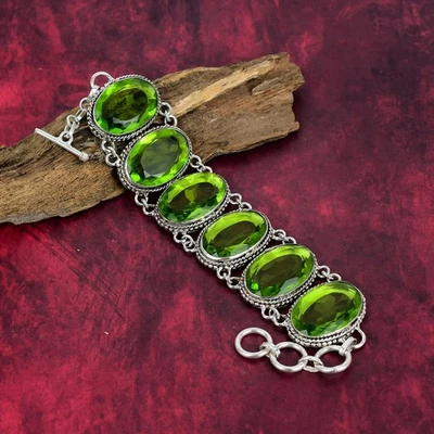 Beautiful Peridot Gemstone Handmade 925 Sterling Silver Jewelry Bracelet Gift - Image 1 of 4