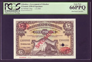 GIBRALTAR P-19 aS. 1965 5 Pounds - SPECIMEN-Overprint in Red. UNC in PCGS Holder - Imagen 1 de 2