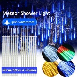 LED Meteor Shower String Lights Xmas Outdoor Garden Falling Icicle Rain Lights - Picture 1 of 22