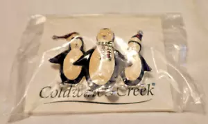 Coldwater Creek Holiday Penguin Trio Enamel Crystal Brooch Pin - Picture 1 of 4