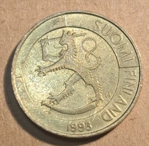 1993 Finland 1 Markka Coat Of Arms Rampant Lion, Ornaments, Value  5g 22.25mm - Picture 1 of 10