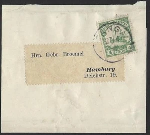 GERMANY EAST AFRICA 1908 TANGA 27 4 08 TYING 4H Sc 23 ON WRAPPER TO HAMBURG - Picture 1 of 1