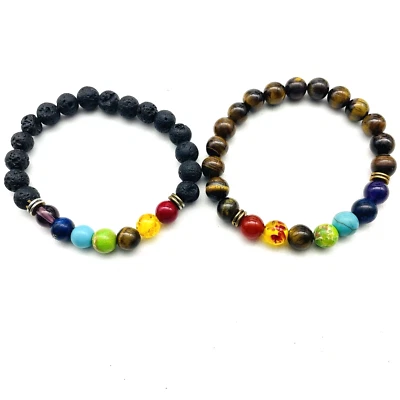 Lote de 2 pulseiras elásticas com miçangas de chakra pedra de lava e olho de tigre - Imagem 1 de 4