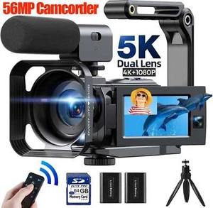 5K Camcorder Video Camera with Dual Lens WiFi IR Night Vision w/64GB,Mic, Tripod - Picture 1 of 10