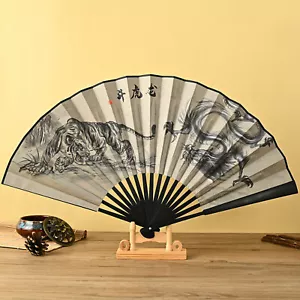 New Chinese Japanese Double Sided Tiger & Dragon Cloth Bamboo Hand Fan ccfan204 - Picture 1 of 1