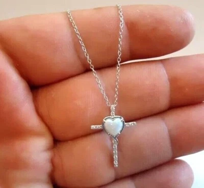 Heart Simulated Fire Opal Women's Stunning Cross Pendant 14K White Gold Plated - Image 1 of 4