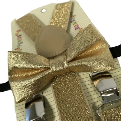 "GOLD GLITTER" Matching Suspender & Bow-Tie Set Kids Toddler Baby Boys Girls - Image 1 of 2
