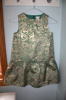 J.Crew Crewcuts Size 7 Sleeveless Jacquard Green Gold Botanical Deer Print Dress - Image 1 of 4