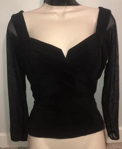 Black Bandage Look Mesh Sleeves Vtg Zip Back Top Tadashi Sz Med  - Picture 1 of 6