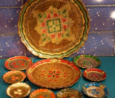 10x Florentiner Tablett ANTIK Holz Glas Flaschen Untersetzer ITALY  Topzustand - Bild 1 von 4