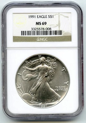 1991 American Eagle 1 Oncia Argento Dollaro NGC MS69 Certificato Lingotto - P597 - Immagine 1 di 2