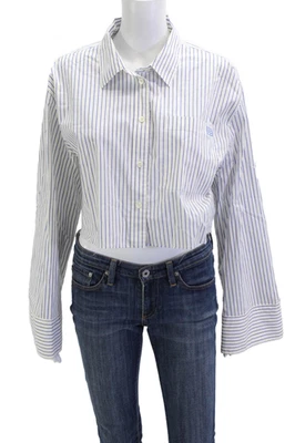 Marco Mujer Recortado Rayas Cuello Abotonado Manga Larga Blanco Talla M Foto 1 de 4